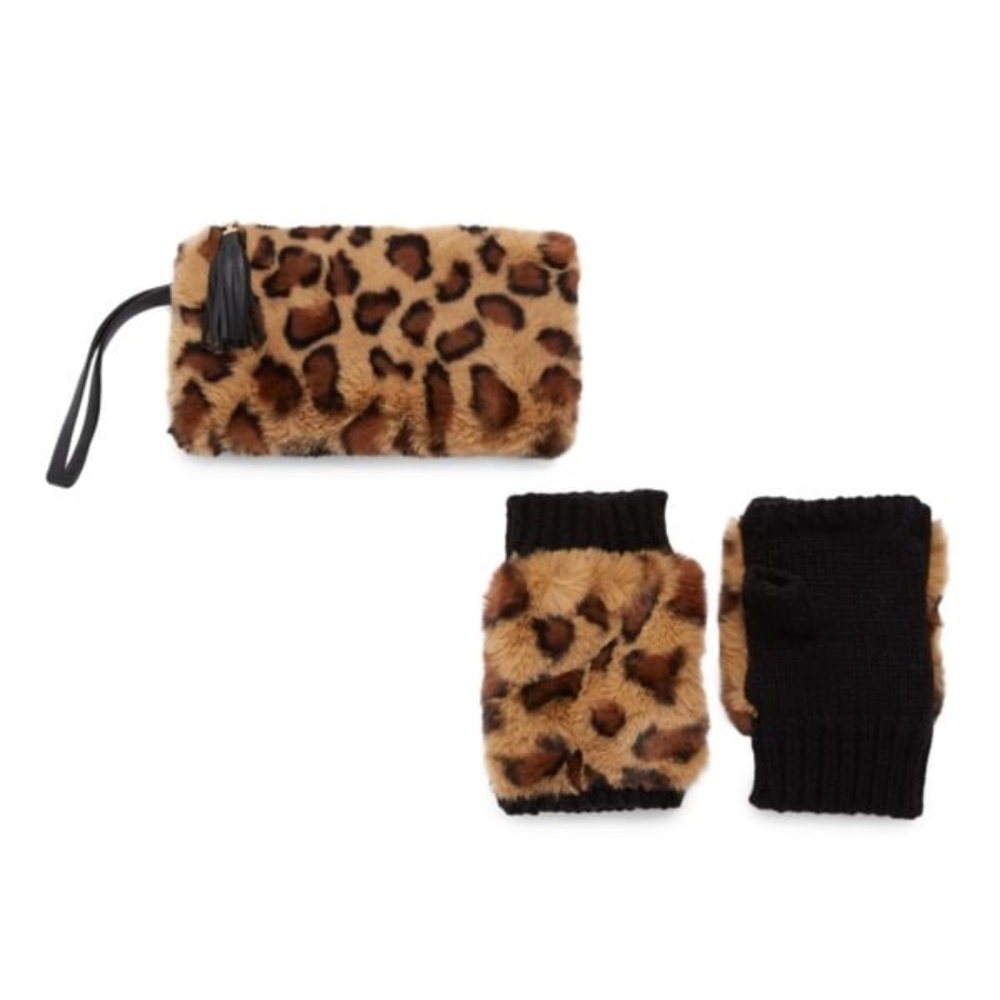 Surell 2 pc Faux Leopard Fur Fingerless Mittens and Phone Wristlet Set - NIB